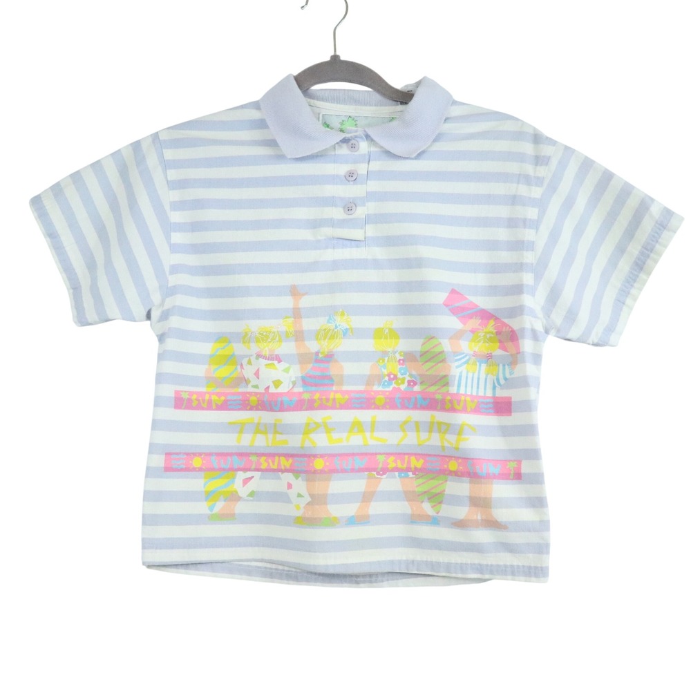 Vintage Jet Set Blue Striped The Real Surf Polo Shirt Graphic Kids Size 8